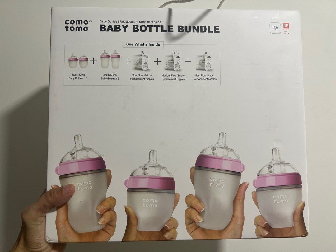 Como tomo feeding bottle set pink (Category: Breastfeeding & Bottle Feeding) located in Quezon City. Submitted by tipid (Listing ID 1301420908, Image 1). Description: Does not include the 2x 5oz bottles (since my baby used them). The rest of the items in the set are still brand new and sealed. Price is negotiable. RFS: ayaw ni baby sa como tomo.