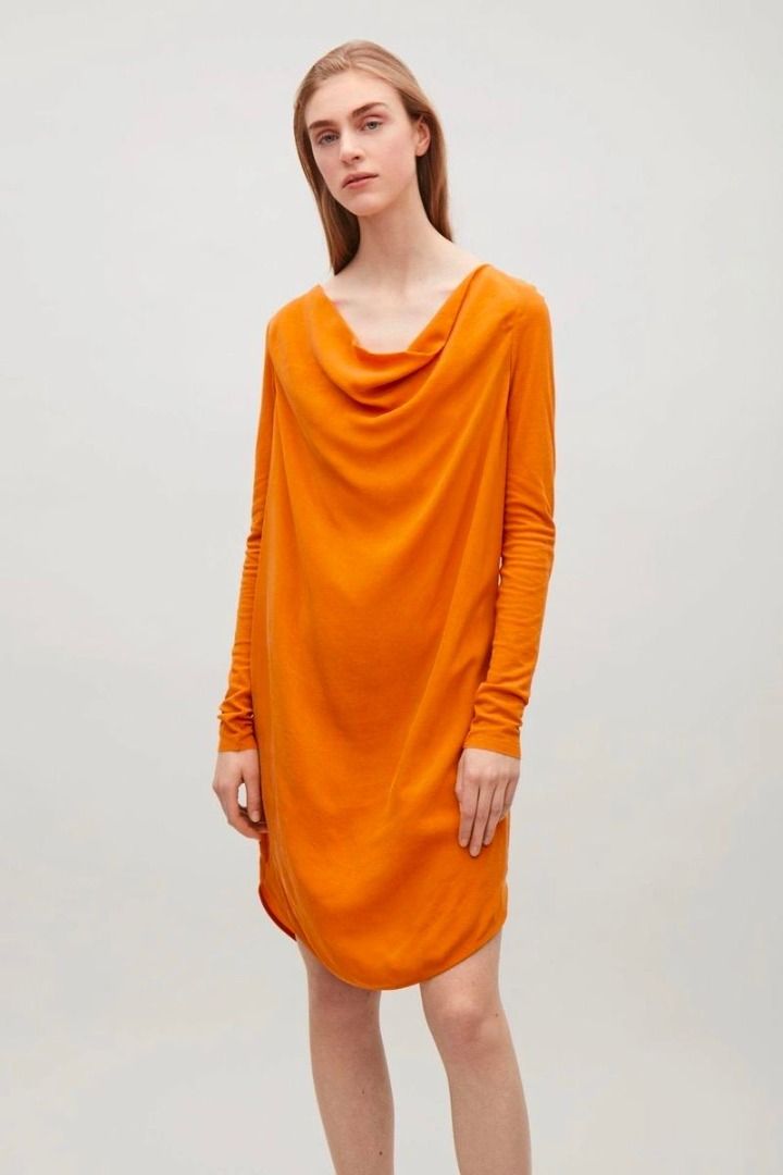 COS draped neck long sleeve straight fit little black dress XS