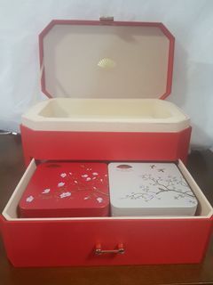 FROM SINGAPORE: HIGH QUALITY STYLISH Tea Bag / Mooncake Organizer  REPURPOSED  as a jewelry organizer/ box with 2 tin cans - A392