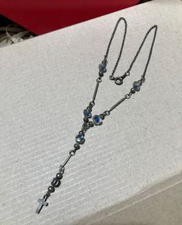 KS100NL 355 Silver Toned Necklace with Clear/Blue Beads & Cross Crucifix Center, Vintage Fashion Accessory