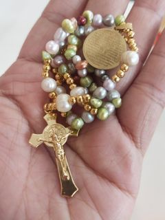 Made in Vatican Rome beautiful colorful freshwater pearls St Benedict protection rosary