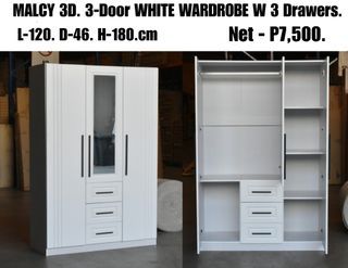 MALCY 3D. 3-Door White Wardrobe w Mirror &3-Drawers