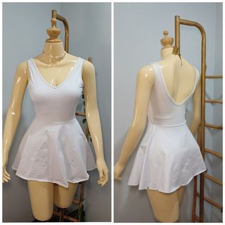 One Piece Swimwear White Swimdress Padded Dress Style  with attached boyleg short Small White Swimsuit