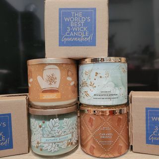 Original Bath & Body Works 3 wick Scented Candle  Eucalyptus Springs / Caramel Drizzle /  Salted Caramel / Autumn Woods