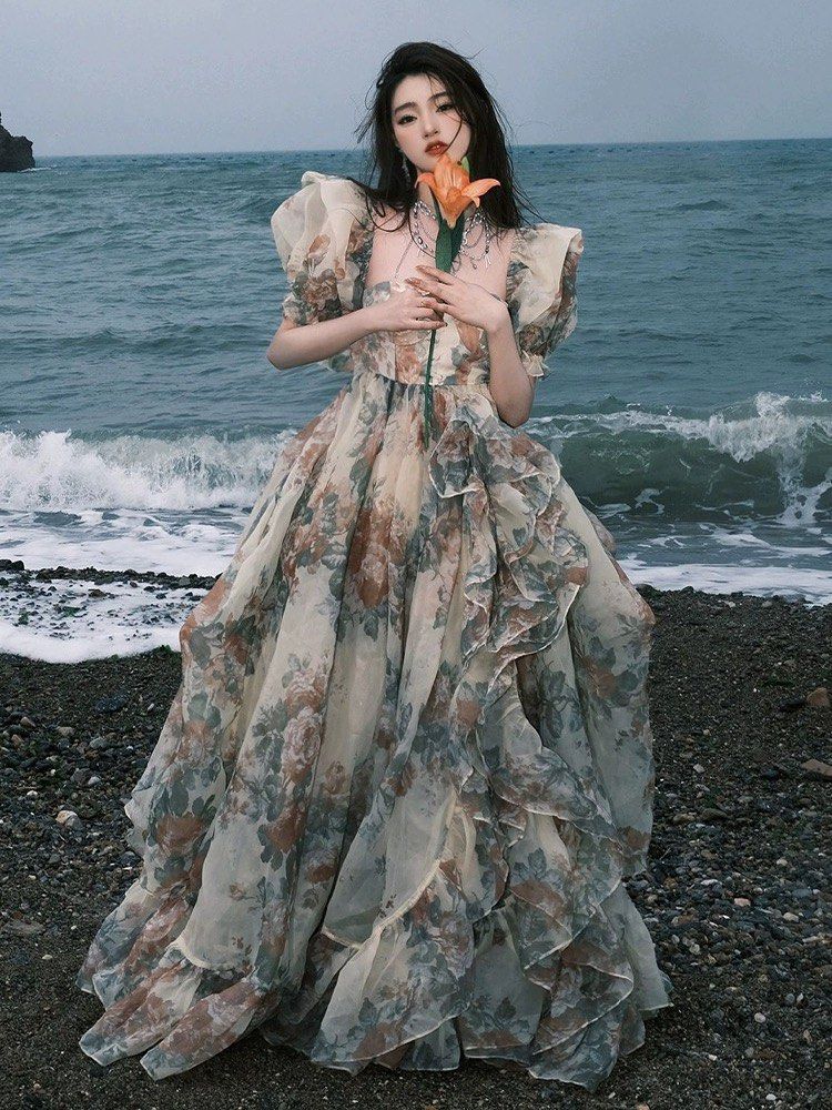 PO dreamy floral poofy dress beach party date birthday dramatic prom wedding party birthday