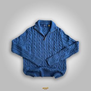 Ralph Lauren Cable Knitted Quarter Zip Blue with qr code