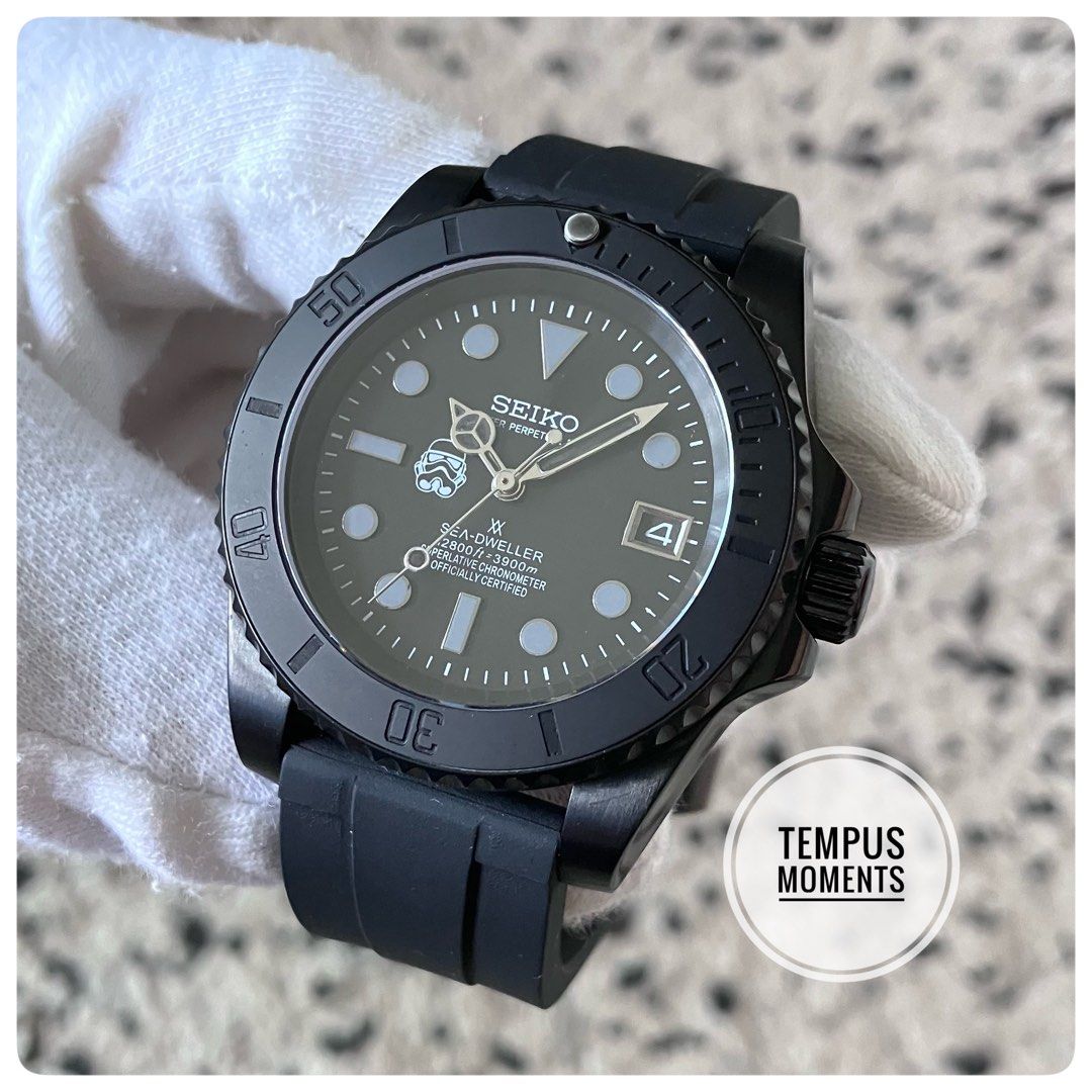 Stealth Black Shadow Stormtrooper automatic watch Seiko mod Submariner SeaDweller