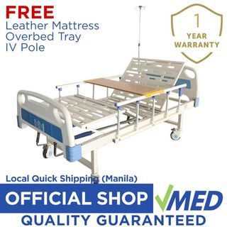 VMED Two Cranks Hospital Bed with Wooden Dining Table , IV Pole, Wheels and Leatherette Mattress