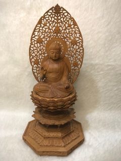 Wood Carved Seated Buddha (Shaka Nyorai) on Lotus with Octagonal Base - 12.75in Tall