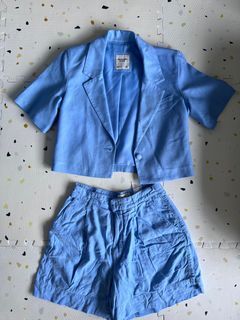 Blue Linen Cropped Blazer Shorts Set