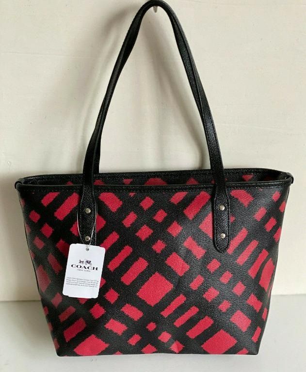 COACH WILD PLAID MINI CITY ZIP SHOPPER SATCHEL TOTE BAG RED BLACK 250 SALE Luxury Bags Wallets on Carousell