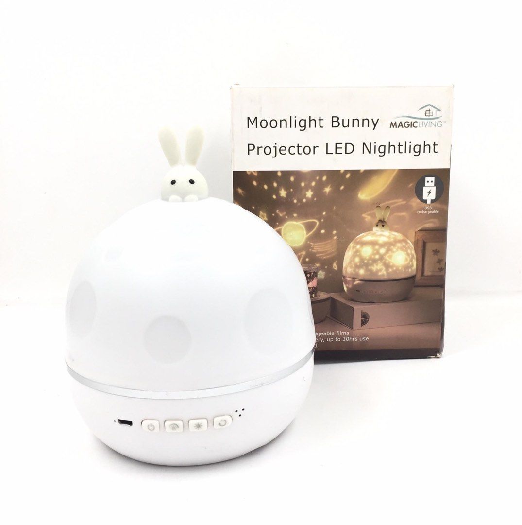 MAGIC LIVING Moonlight Bunny Projector LED Nightlight (Category: Projectors) located in Pasay City. Submitted by enrico_appliances (Listing ID 1306062343, Image 3). Description: -Input Voltage: 5 Volts / 1200mAh battery capacity -Materials: Made of ABS Plastic + PVC -Projects with lid off and on -Has different color patterns -Comes with different films -Ideal for kids' bedroom, play room NOTE: Please refer to the actual posted photos as primary r