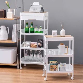 Multi-purpose Storage Movable Cart with Drawer and Wooden Lid