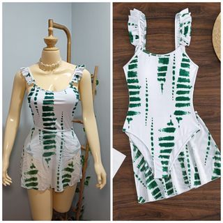 One Piece Swimsuit & Beach Skirt (Small) Padded Ruffle trim White & Green print 2in1 Swimwear