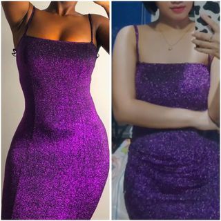 Preloved Forever 21 Women's Purple and Black Tight Glitter Sparkly Bodycon Sexy Body-hugging Mini Dress F21 Metallic Vintage 90s Festival Dance Rocker Punk Dancer Party Dinner Birthday Casual New Year Y2K Date Night Club