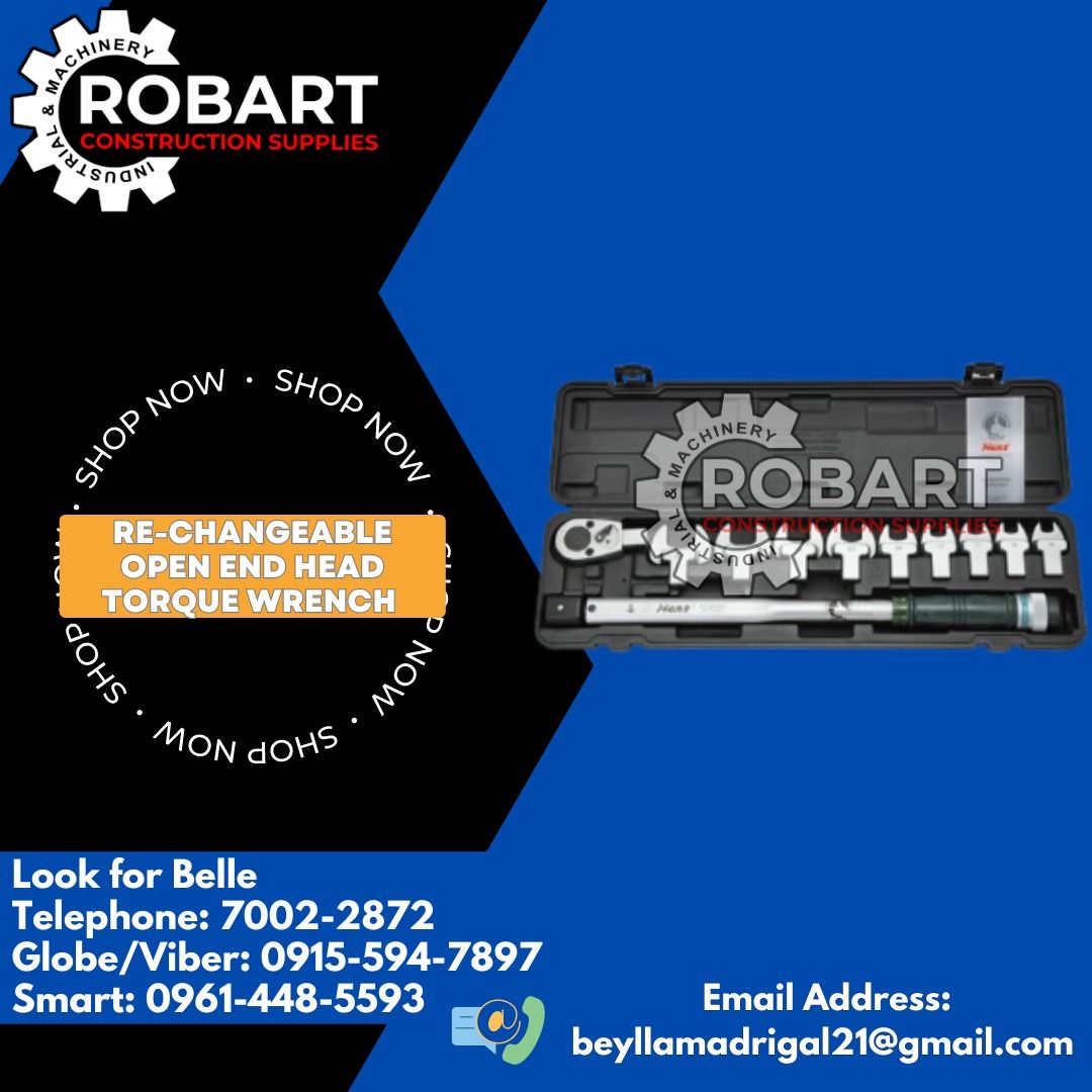 RE-CHANGEABLE OPEN END HEAD TORQUE WRENCH (Category: Construction Tools & Equipment) located in Manila. Submitted by bellarobart (Listing ID 1306085423, Image 1). Description: 1/2" DRIVE 11PCS RE-CHANGEABLE OPEN END HEAD TORQUE WRENCH Model: # 4673 1PC TORQUE WRENCH 40-210NM 1PC RATCHET HEAD 9PCS OPEN HEAD PLUG 13,14,15,17,19,22,24,27,30mm 𝑹𝑶𝑩𝑨𝑹𝑻 𝑪𝑶𝑵𝑺𝑻𝑹𝑼𝑪𝑻𝑰𝑶𝑵 𝑺𝑼𝑷𝑷𝑳𝑰𝑬𝑺 #RobartConstructionSupplies #robartph #constructionma