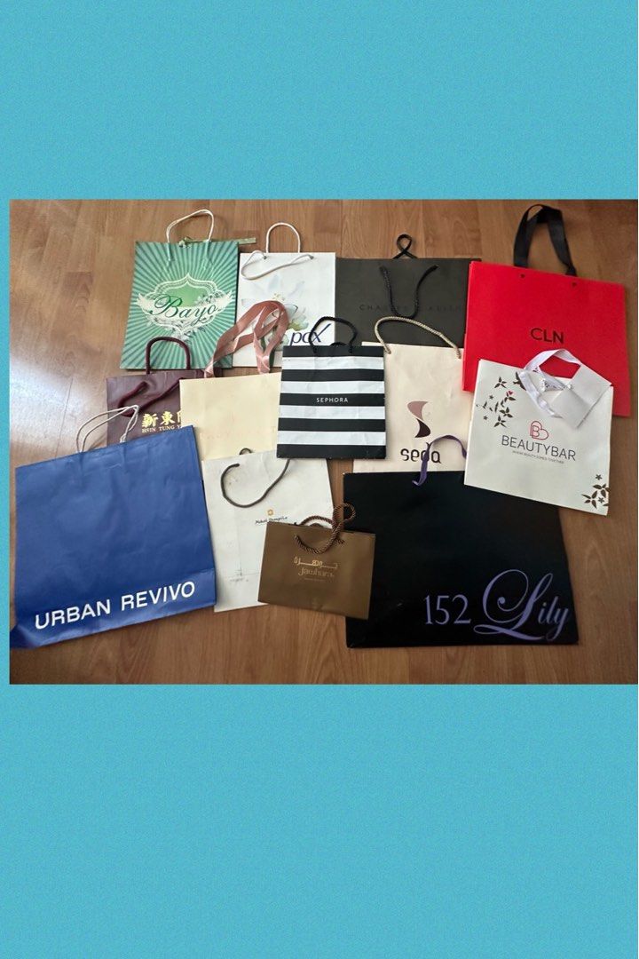 SALE Assorted Paper bags (Category: Everything Else Others) located in Makati City. Submitted by good_deals2026 (Listing ID 1306044182, Image 1). Description: Get 13 assorted paper bags. Get all you can't choose. Stores are encouraging to bring your own paper bag so be in style. Sephora Bayo Urban Revivo, 152 Lily beauty bar CLN PCX Dubai Jewelry store brand CLN Makati Shangrila Hotel Seda 2 more paper bags .