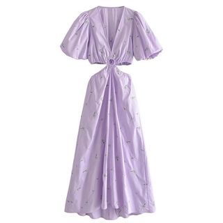 ❗️SALE❗️Korean Purple / Lilac Floral Lower V-Neck Hollow Out Vintage Puff Sleeve Long Dress / Beach Summer Dress / Birthday Dress
