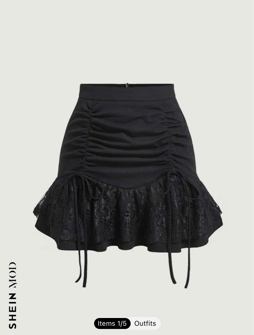 SHEIN MOD Lace Ruched Ruffle Hem Skirt (Category: Skirts) located in Cebu City. Submitted by findingdainty (Listing ID 1306123119, Image 1). Description: - was supposed to wear to an event pero di natuloy - never worn - original price from shein is 325.