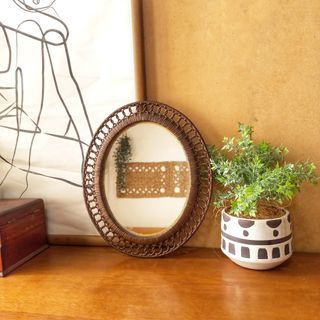 Small Vintage rattan oval mirror wall mount