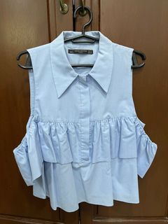 Zara Blue Top with Frills and Off-Shoulder Sleeve
