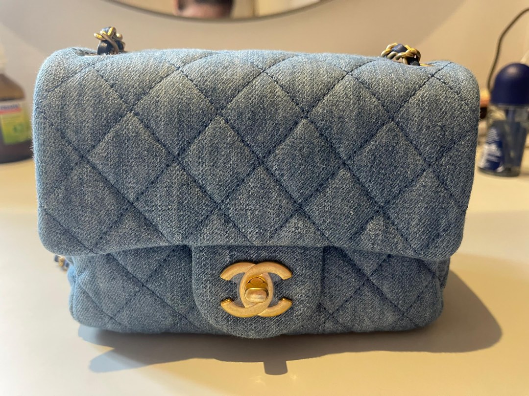 22c Chanel Mini Square Denim Bag with pearl crush