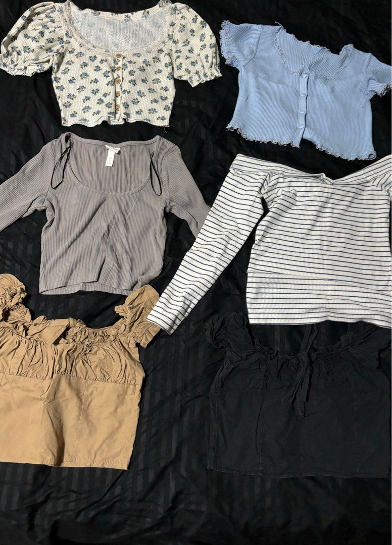 6 tops for ₱500 only (Category: Blouses) located in Quezon City. Submitted by trsshd (Listing ID 1306283190, Image 1). Description: 6 tops, mostly cropped The grey one is from H&M, the stripe one from the SM dep store, the rest are unbranded Around XS-S sizes RFS: decluttering.