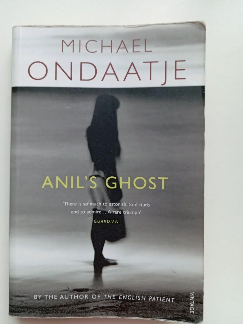 A book titled Anil's Ghost by Michael Ondaatje, placed on a surface with natural light casting shadows, symbolizing the interplay of truth and perception.