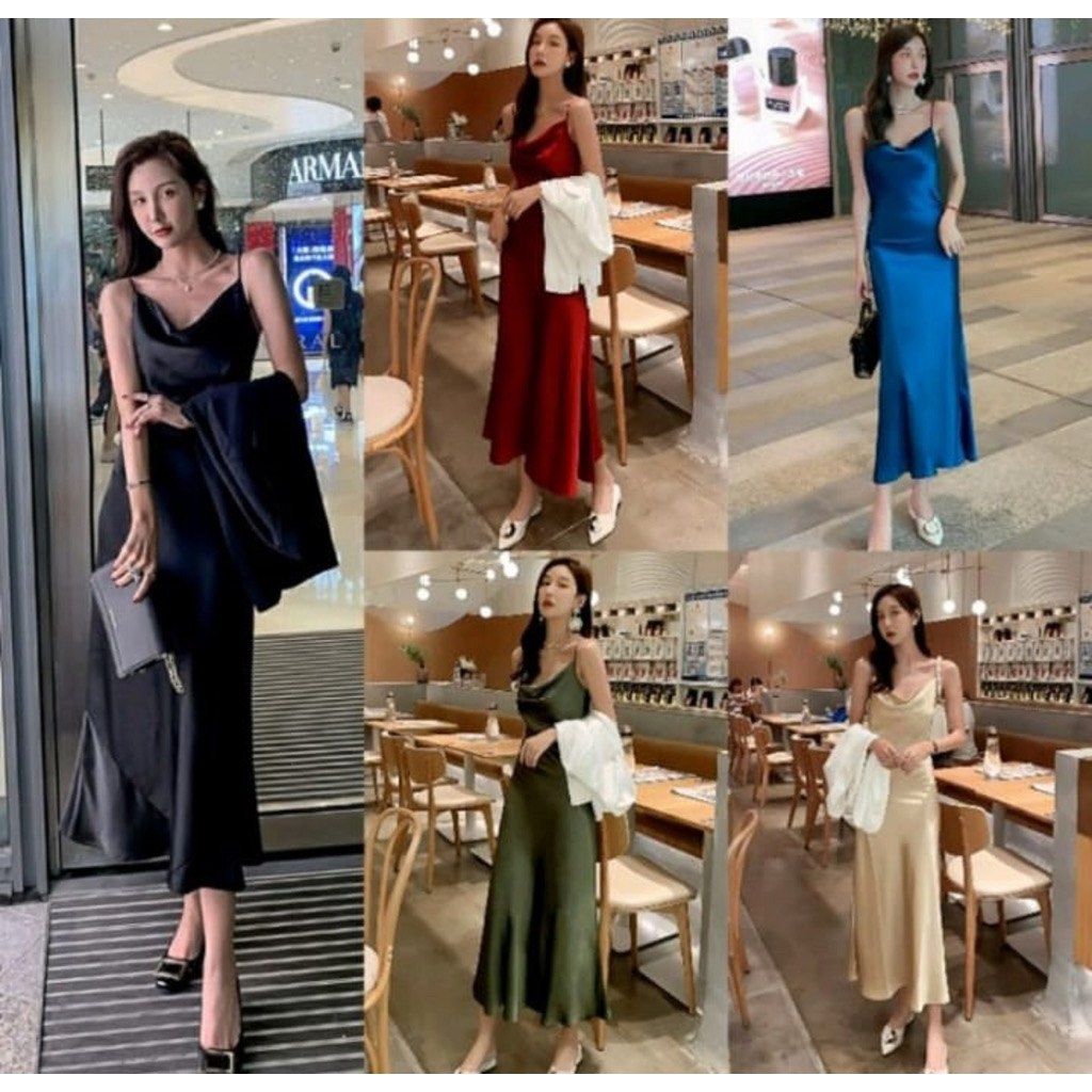 Black Satin Silk Dress Gaun Pesta Party Fesyen Wanita Pakaian Wanita Gaun Rok di Carousell