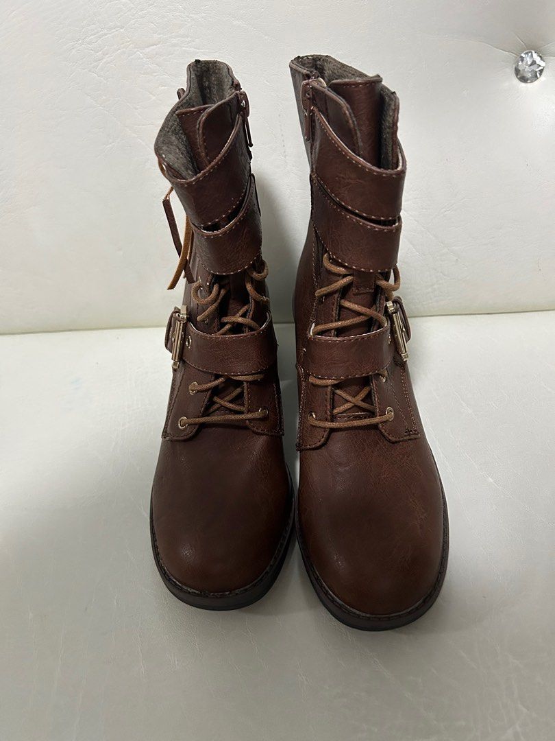 Chase Chloe Combat Boots with Side Adjustable Ankle Strap Chunky Heel US6 Women s Fashion Footwear Boots on Carousell
