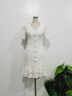 Cute Midi vintage lace formal event white dress