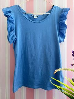 H&M Women's Pullover Blouse Top Ruffled Cap Sleeve Round Neck Solid Blue