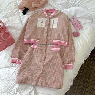HQ ZXYZ Elegant Pinterest Pink Polo Buttoned Longsleeves and Skirt Coordinates / Korean Concert Outfit / Winter Outfit