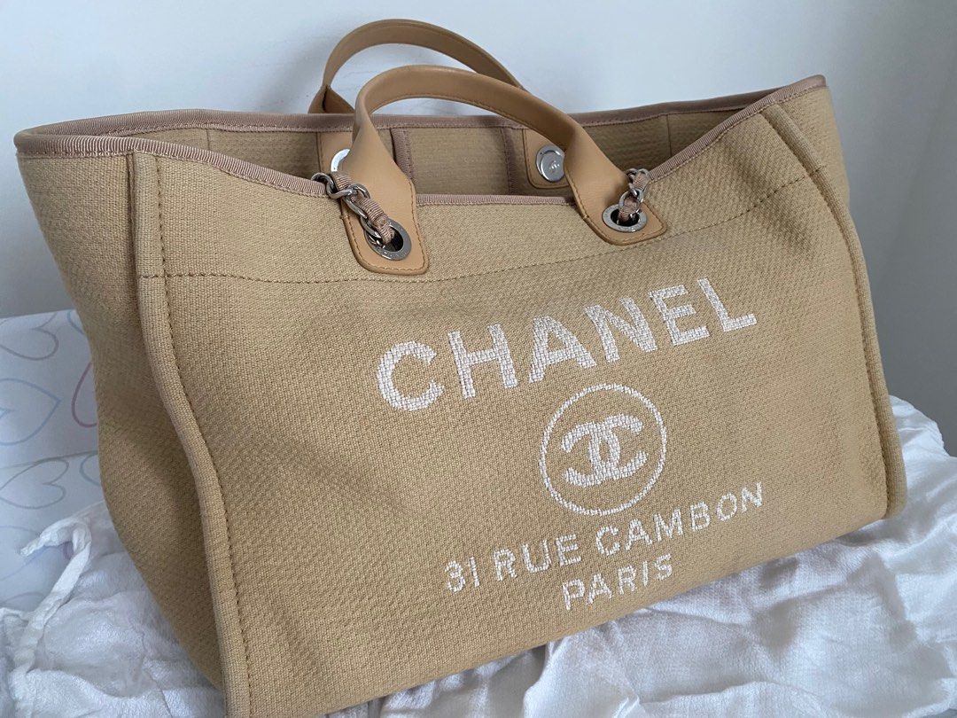 Chanel canvas large deauville tote light beige clearance
