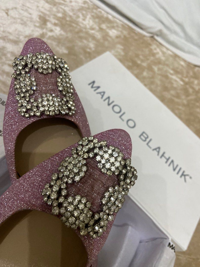 MANOLO BLAHNIK Hangisi Flat Pink Glitter Fabric Size39 Women s Fashion Footwear Flats Sandals on Carousell