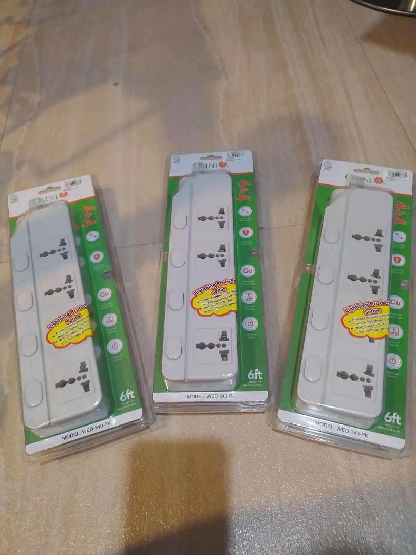 OMNI Extension Cord WED-340-PK (Category: Office Furniture & Fixtures) located in Manila. Submitted by lcgenmerch (Listing ID 1306320829, Image 3). Description: Extension Cord Set w/ Individual Switches 4 Gang 1.83 Meter Cord Length 2,500W 10A 250V~ (12pks/ctn) Rigid brass strips for internal connection. Outlets are made of copper material for better grip. Impact resistant and highly conductive. With REAL grounding system connection for safety. W