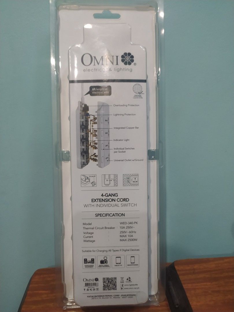 OMNI Extension Cord WED-340-PK (Category: Office Furniture & Fixtures) located in Manila. Submitted by lcgenmerch (Listing ID 1306320829, Image 2). Description: Extension Cord Set w/ Individual Switches 4 Gang 1.83 Meter Cord Length 2,500W 10A 250V~ (12pks/ctn) Rigid brass strips for internal connection. Outlets are made of copper material for better grip. Impact resistant and highly conductive. With REAL grounding system connection for safety. W