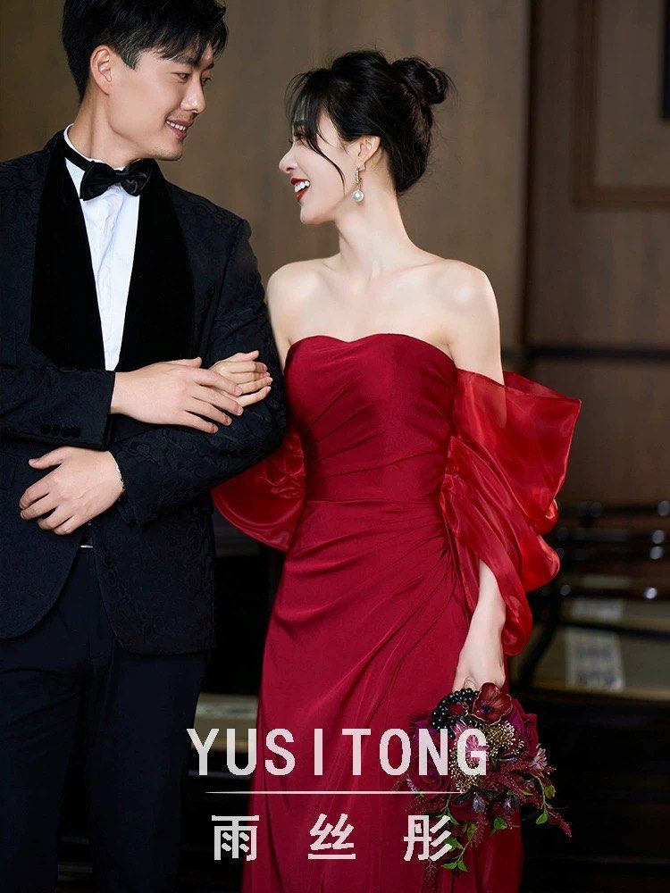 PO red off shoulder ribbon elegant dress with folded design and slit Birthday tea party prom