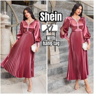 SHEIN Modely Plus size Pink Lantern Sleeve Beaded Trim Pleated Hem Glossy silky Gown/Dress