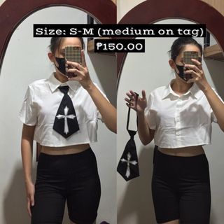 SHEIN ROMWE Y2K Gothic WHITE POLO CROP TOP WITH NECK TIE