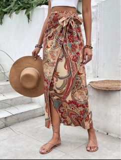 Summer Beach Paisley Print knot side wrap long skirt cover up