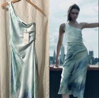 Zara Asymmetrical Draped Satin Dress (Greens/Blues)