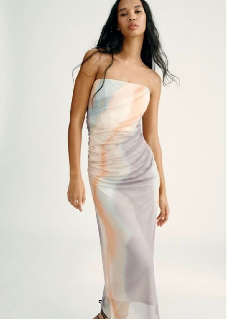 zara strapless satin dress Zara Leather Strapless Tan Dress