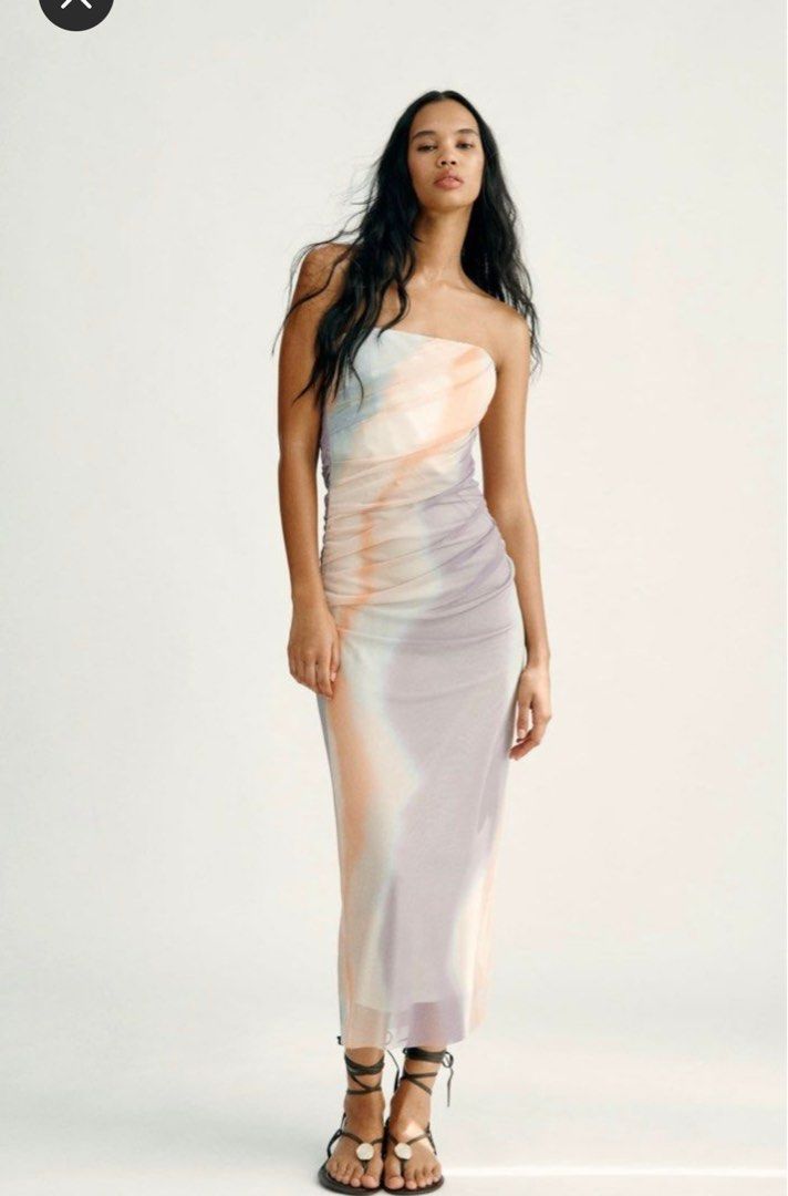 tie dye silk dress zara Silky Round Neck Cap Sleeve Tie Dye Printed Satin Midi Dress
