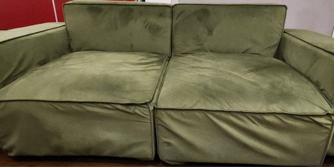 2-Seater Sofa (Category: Sofas) located in Makati City. Submitted by sharingtree (Listing ID 1301593266, Image 1). Description: RFS: Upgrade Can fit 3 people Velvet material Can separate the 2 pcs depending on your preferred orientation.