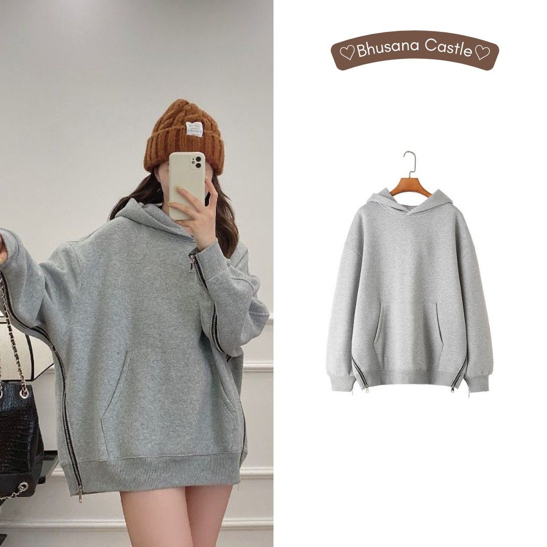 73831 grey oversize hoodie sweater hoodie wanita oversize Fesyen Wanita Pakaian Wanita Baju Luaran di Carousell