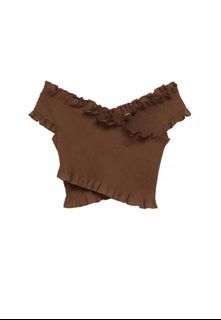 🤎 MANGO Ruffle Off Shoulder Cropped Top in Brown