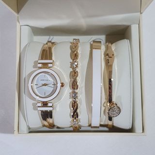 Anne Klein Women's Bangle Watch & Premium Crystal Accented Bracelet Set - GoldWhite (AK3284WTST)