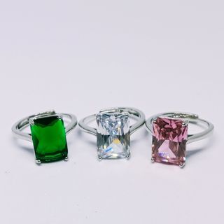 Emerald cut moissanites. 18K plated. Available in  pink, clear & green. Adjustable.