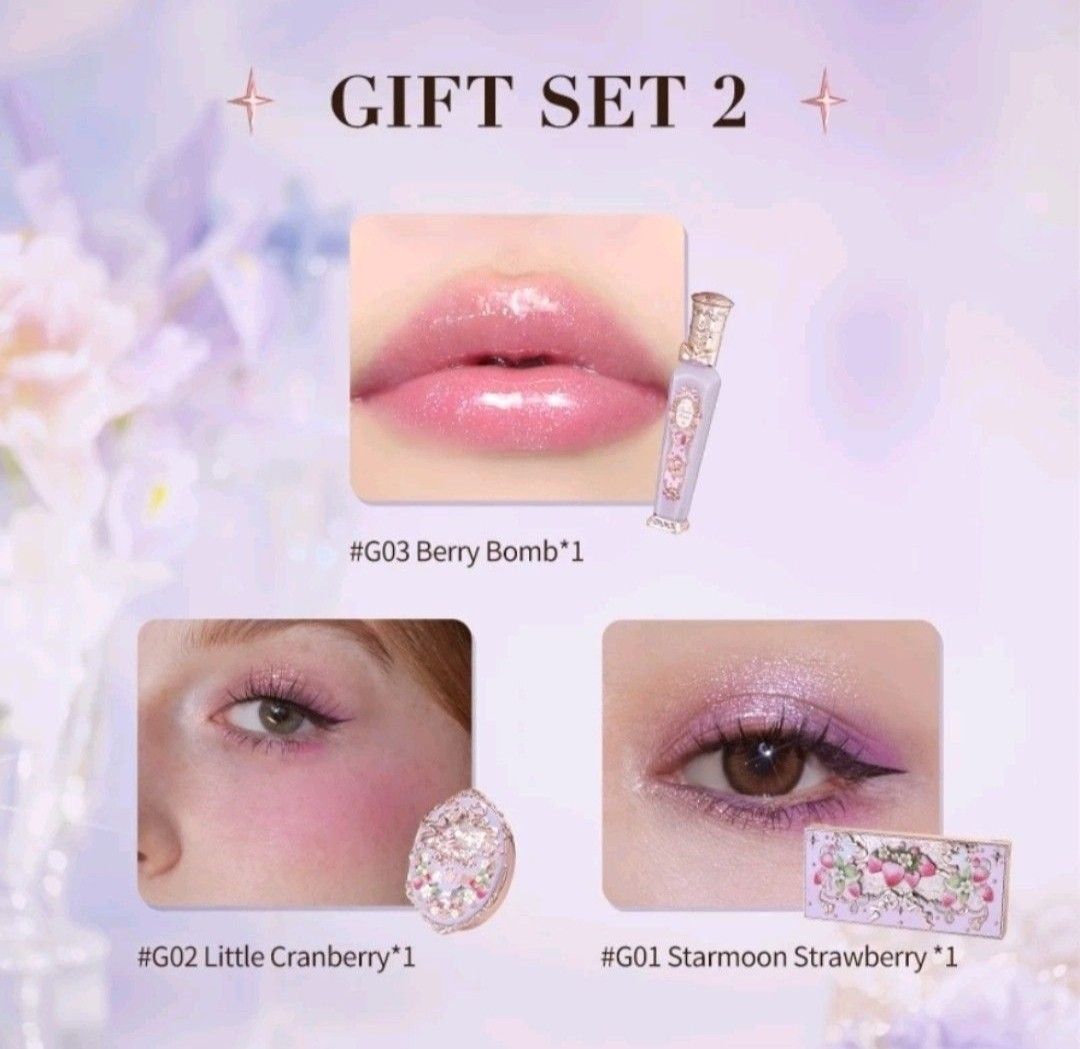 Flower Knows Set 2 Purple Strawberry Rococo Series 3rd Batch (Category: Makeup) located in Las Pinas. Submitted by mofuanxi (Listing ID 1301641458, Image 2). Description: this is the 3rd batch for hatian. Eyeshadow ❌ TAKEN mop: gcash mod: sdd/jnt/lbc.